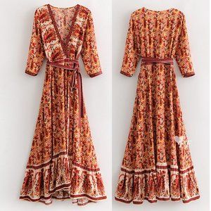New Boho Summer Plunging Maxi Floral Wrap Dress